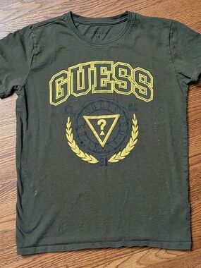Guess Kids Boys Olive Green Varsity Graphic T-Shirt Tee Size 14 L3BIA8